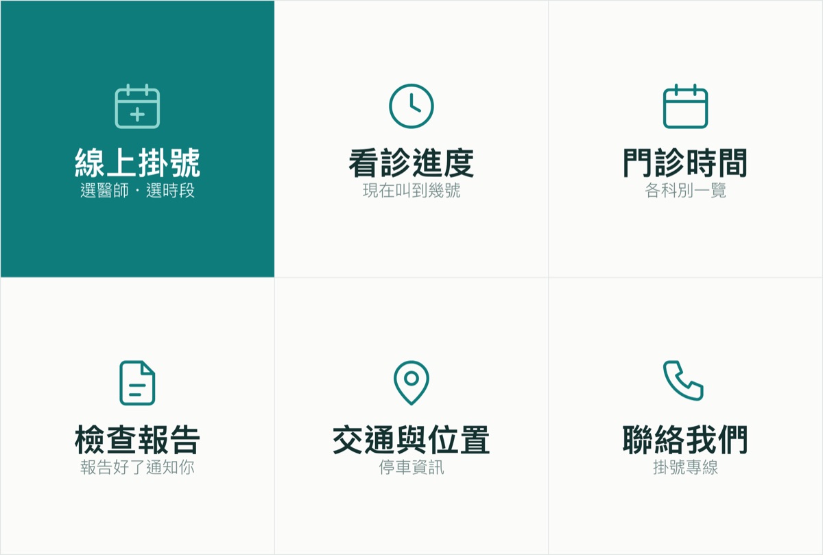 診所的 LINE 圖文選單示意：線上掛號、看診進度、門診時間、檢查報告、交通與位置、聯絡我們